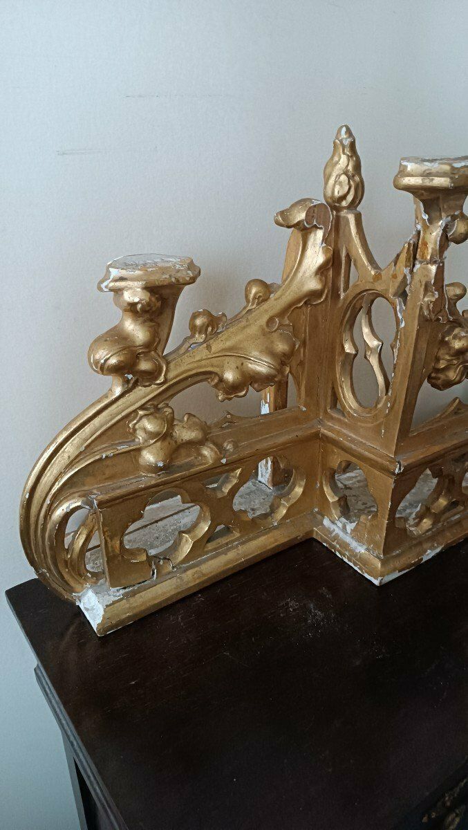 Triptych Neo Gothic Altar Gilded Wood Candlesticks photo vintage
