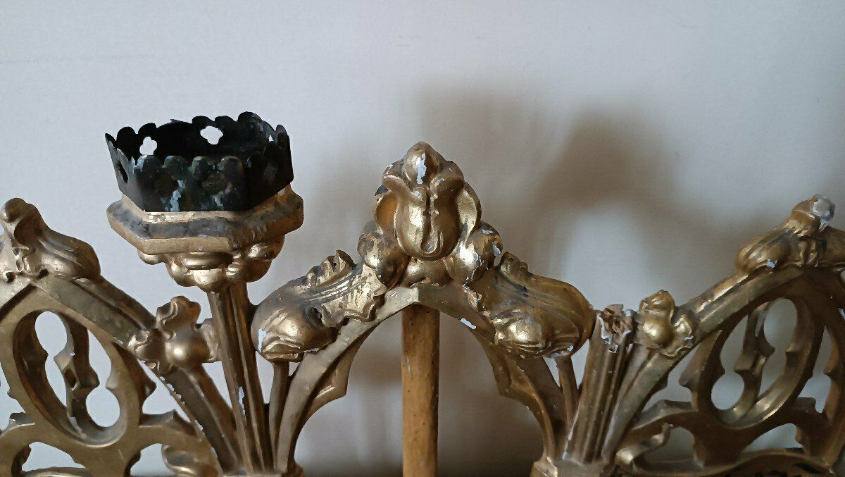 1001.0 Triptych Neo Gothic Altar Gilded Wood Candlesticks photo