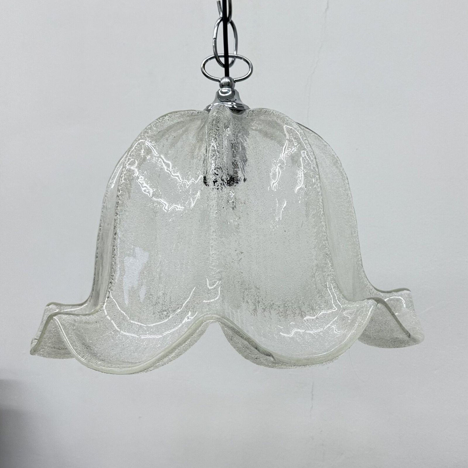 Mid Century Bell Shaped Ice Glass And Chrome Pendant Light, 1970s photo for sale