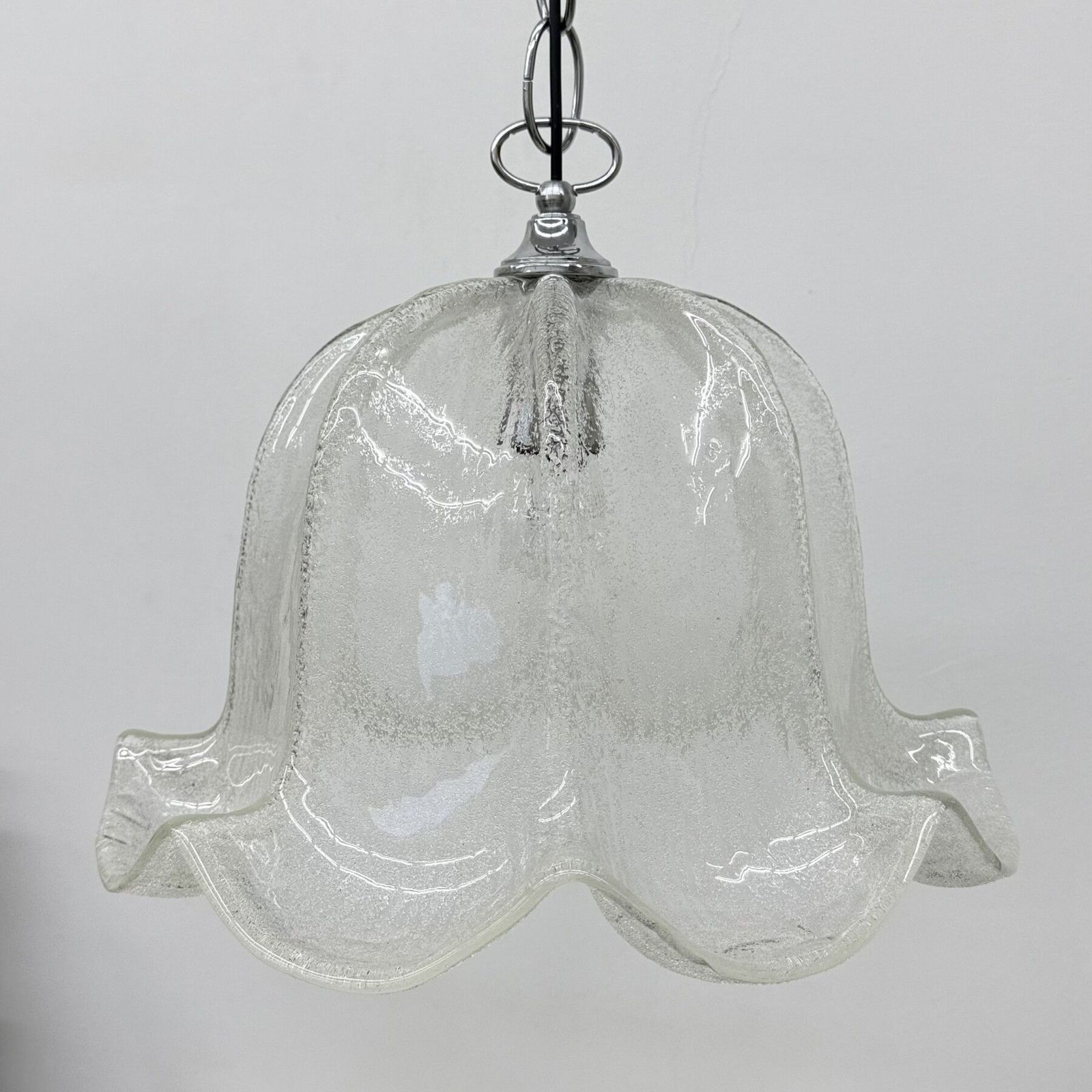 Mid Century Bell Shaped Ice Glass And Chrome Pendant Light, 1970s photo Lighting