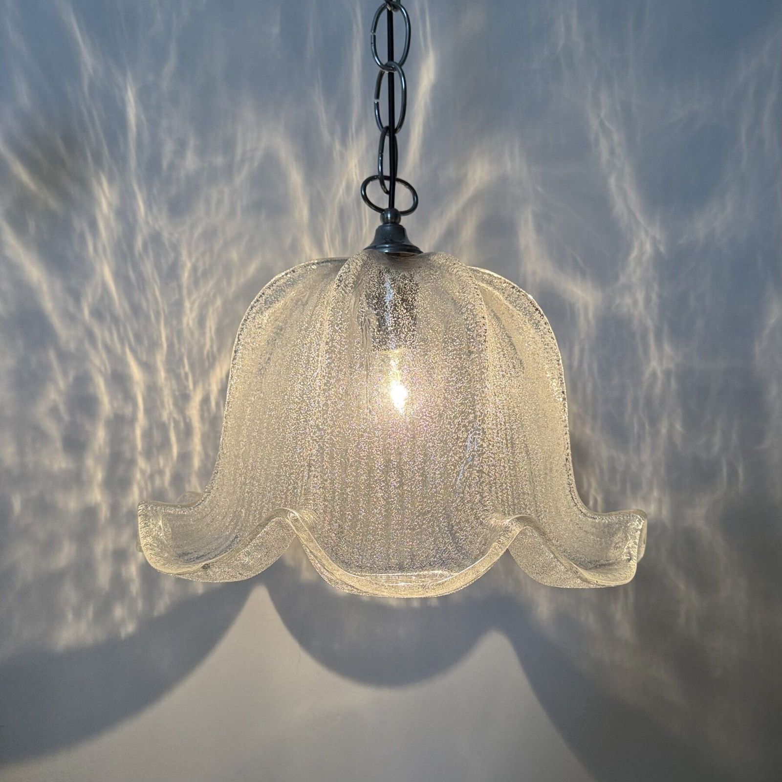 photo vintage Mid Century Bell Shaped Ice Glass And Chrome Pendant Light, 1970s