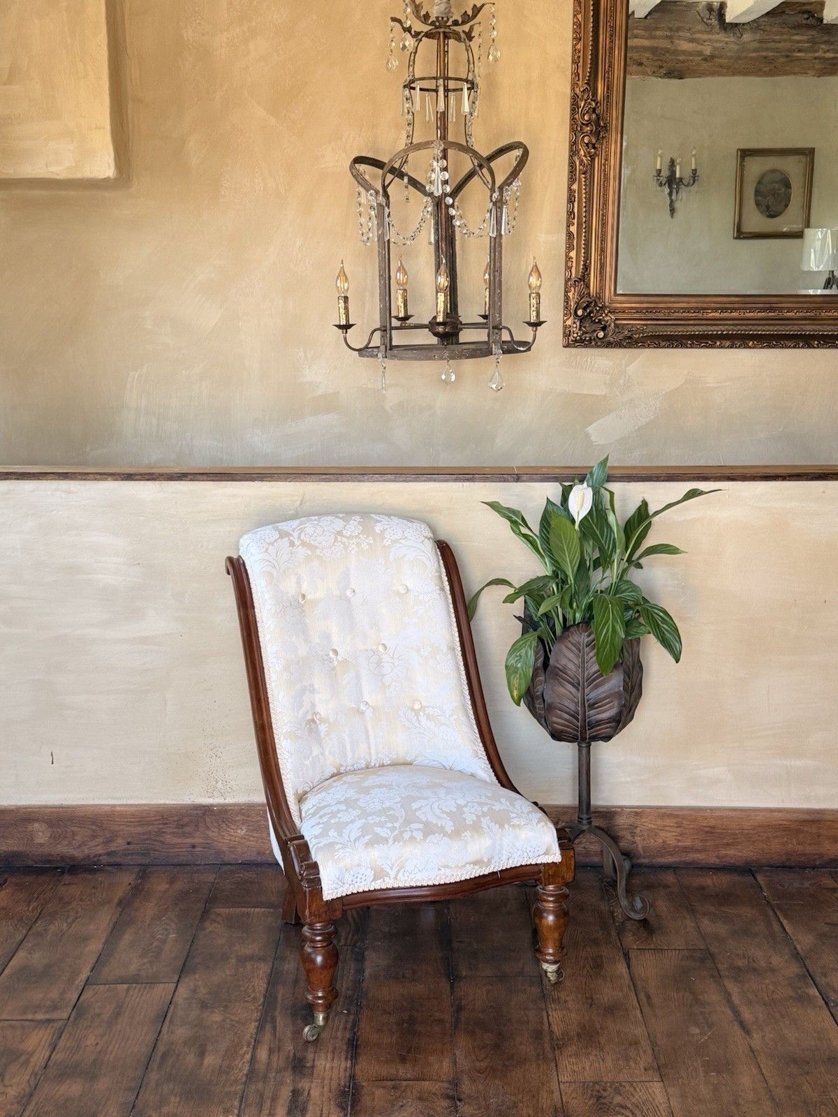 Original Antique Rosewood Nursing Ivory Damask Slipper Reading Chair photo furniture