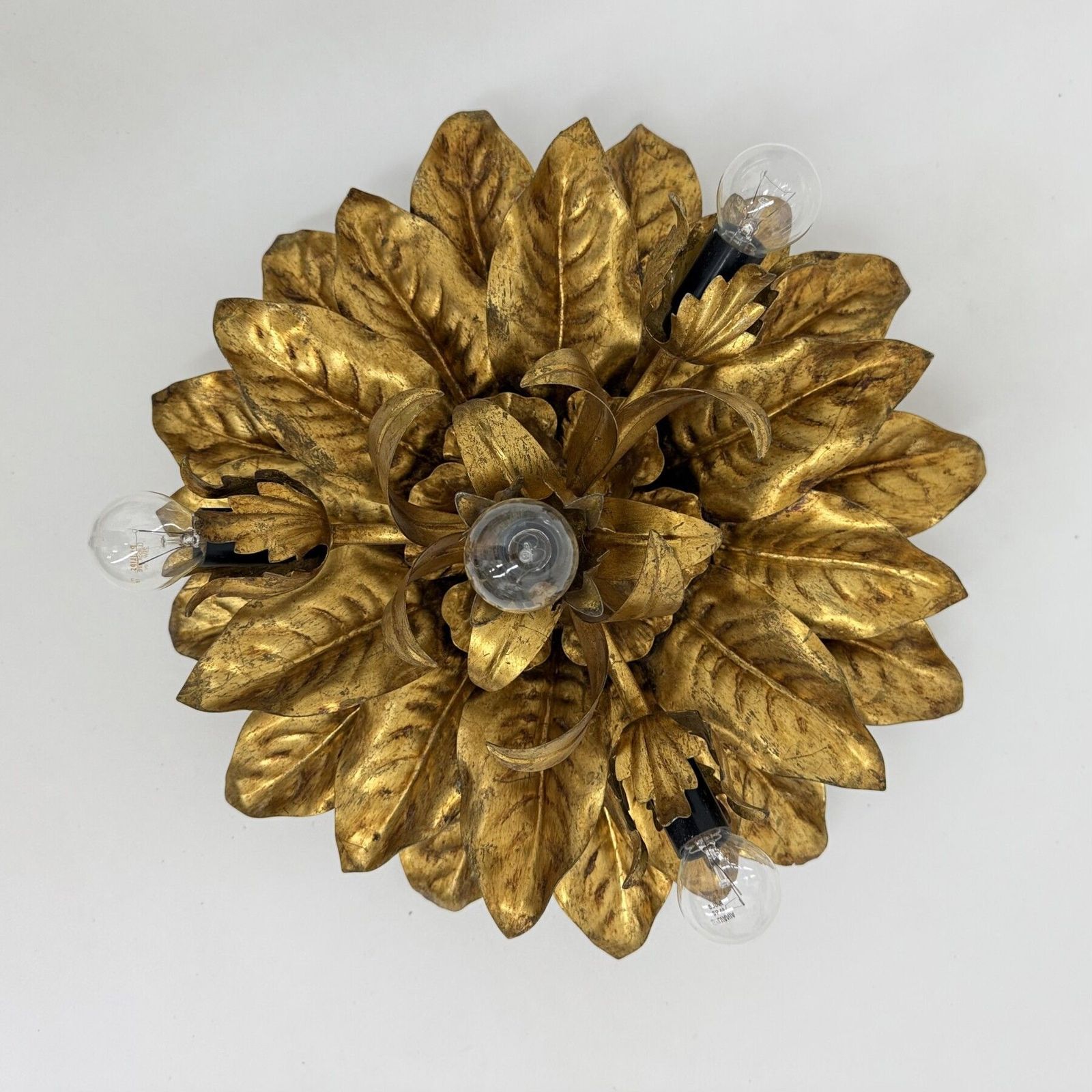 Large Vintage Hollywood Rengency Gold Gilded Leaf Flush Mount , 1970’s photo furniture