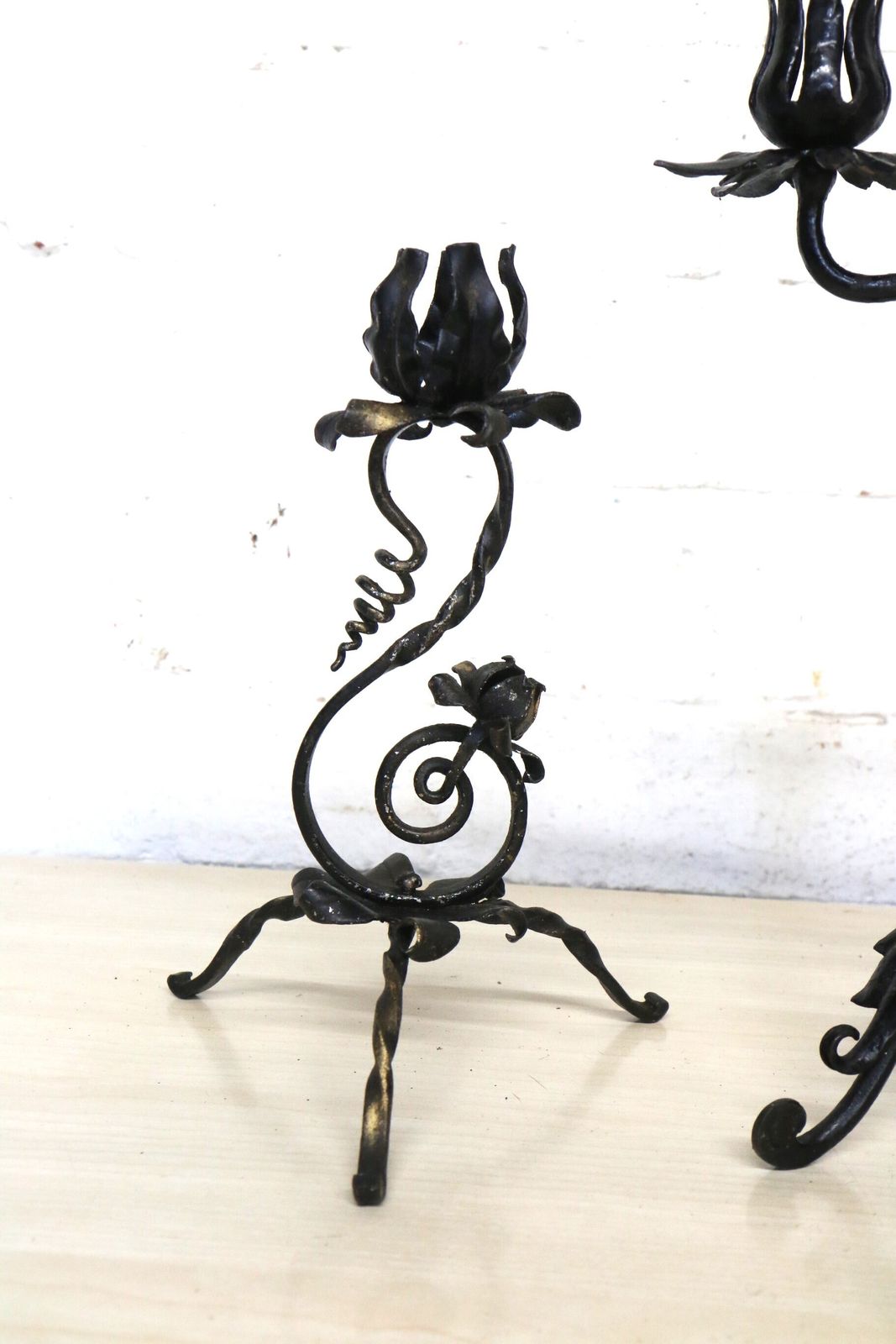 3 Old French Wrought Iron Candlesticks Blacksmith Made Small Art Nouveau Period photo furniture
