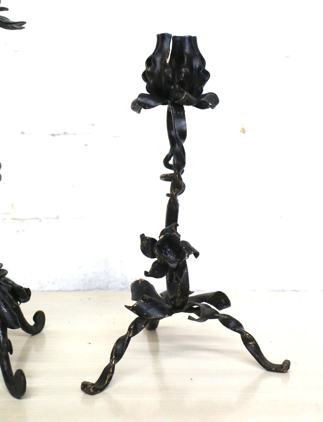 3 Old French Wrought Iron Candlesticks Blacksmith Made Small Art Nouveau Period photo vinterior