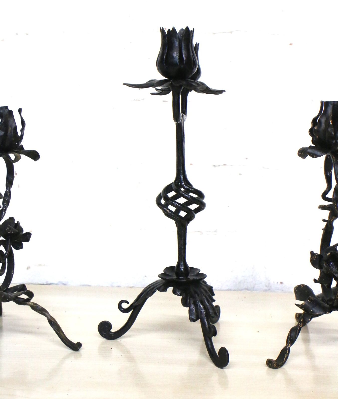 3 Old French Wrought Iron Candlesticks Blacksmith Made Small Art Nouveau Period photo buy