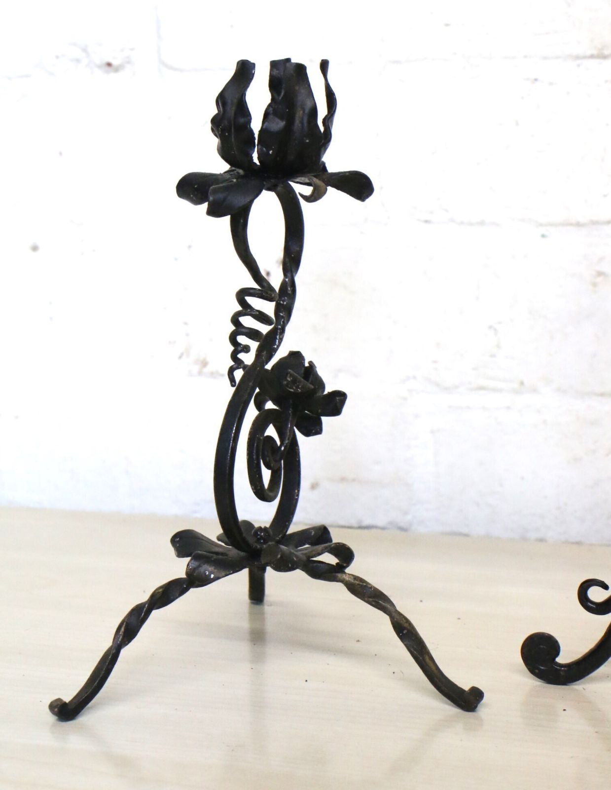 3 Old French Wrought Iron Candlesticks Blacksmith Made Small Art Nouveau Period photo vintage