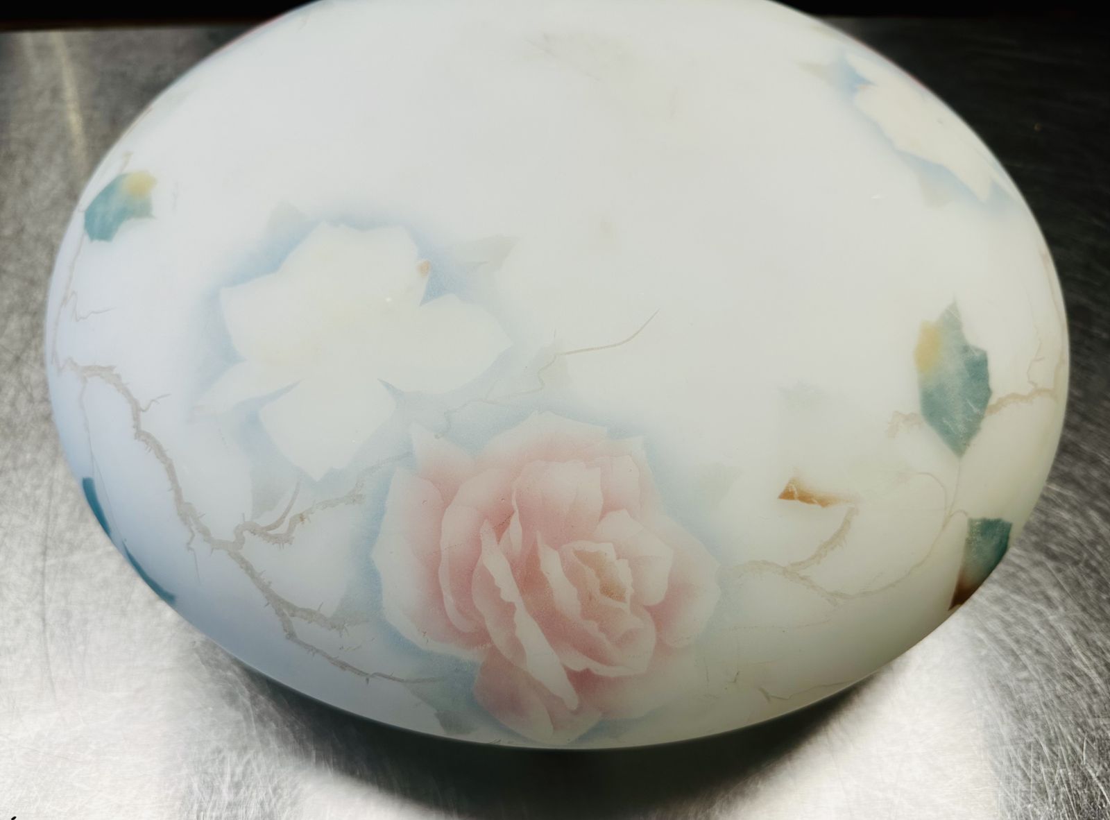 Art Deco Glass Plafonnier Ceiling Light With Hand Painted Pink Rose Design Restored And Rewired Ready To Be Placed C.1930. photo vintage