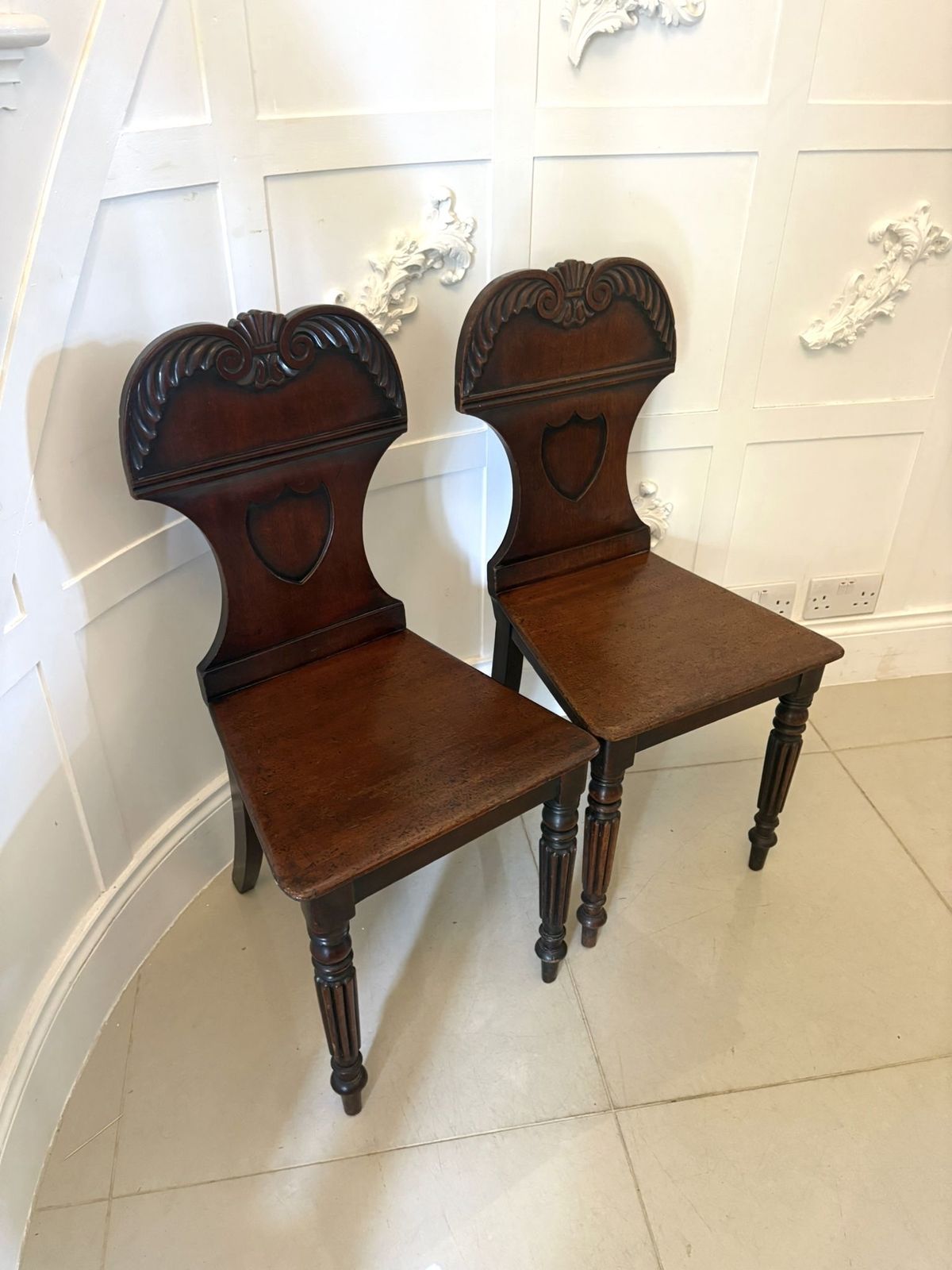 Furniture Pair Of Antique 19th Century Quality Carved Mahogany Hall Chairs photo