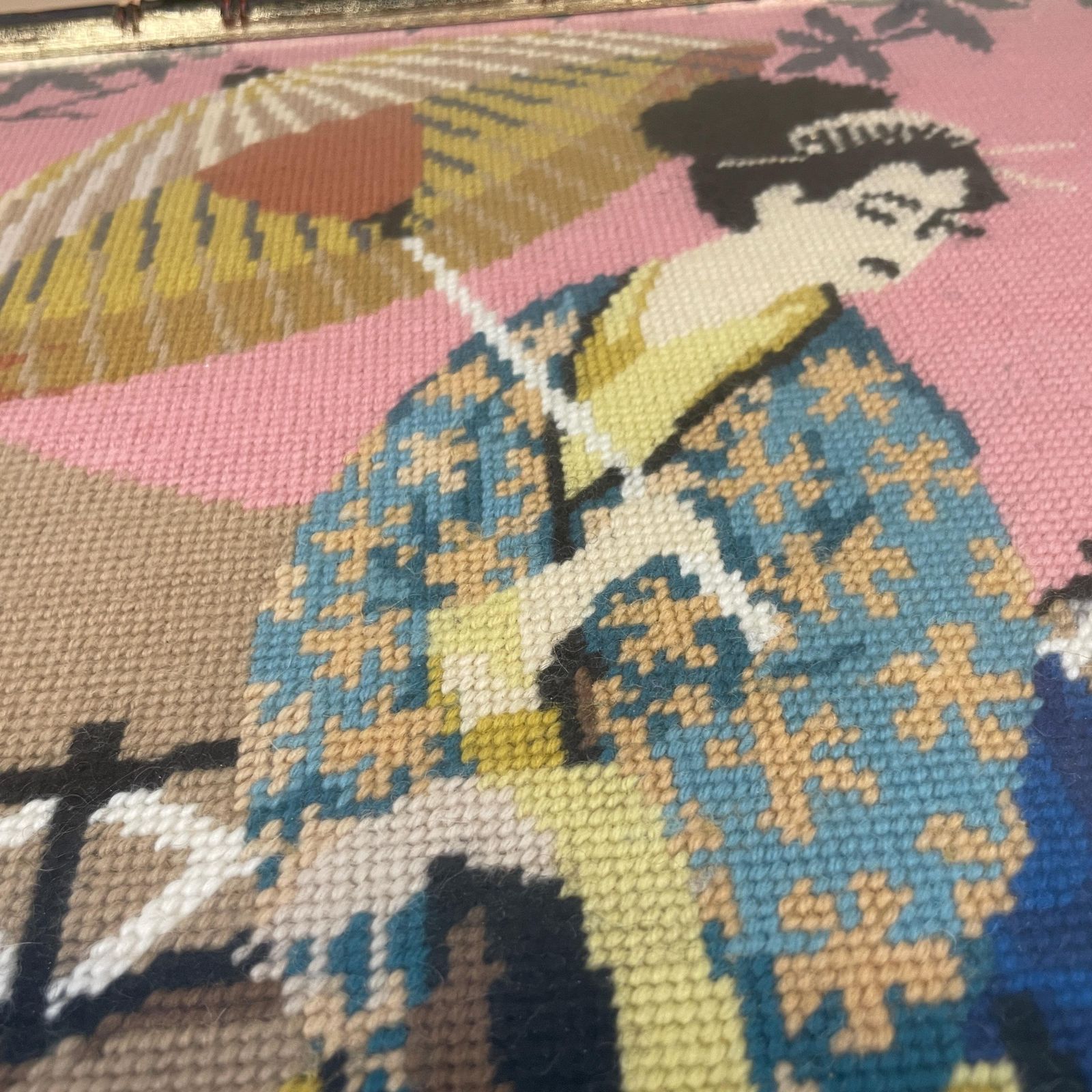 Vintage Oriental Needlepoint Hand Stitched Picture Gold Frame Japanese Geisha Wooden Brown Wood Frame 1970's Maximalist Pink photo vintage