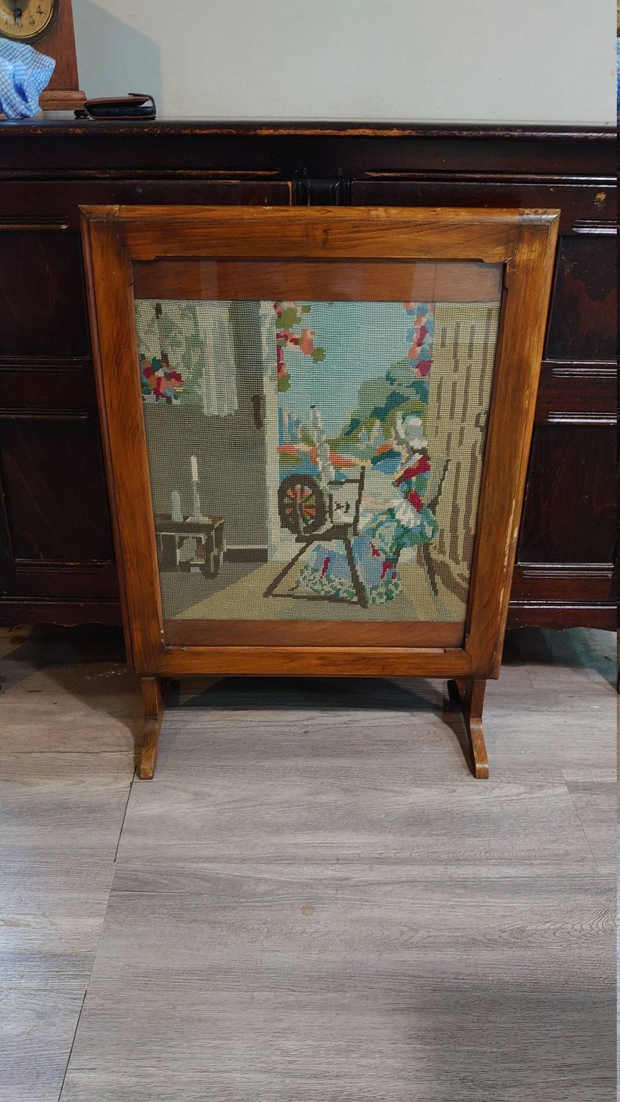 Firescreen With Knitted Scene Of Lady On Spinning Wheel C1940s/50s In Very Good Condition