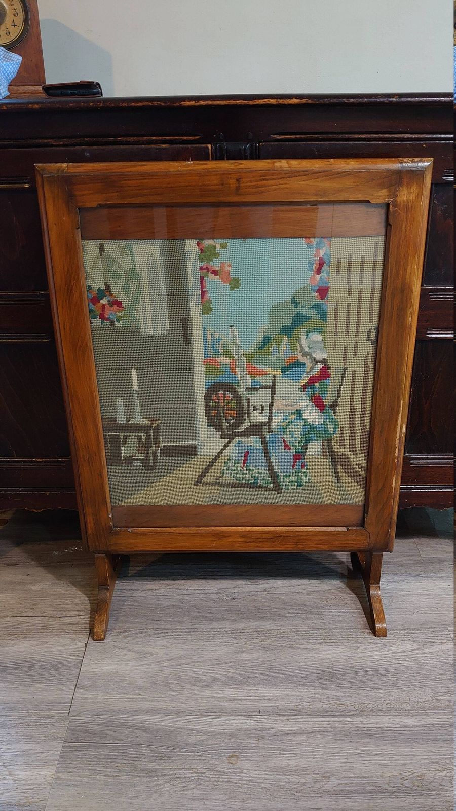 Firescreen With Knitted Scene Of Lady On Spinning Wheel C1940s/50s In Very Good Condition photo furniture
