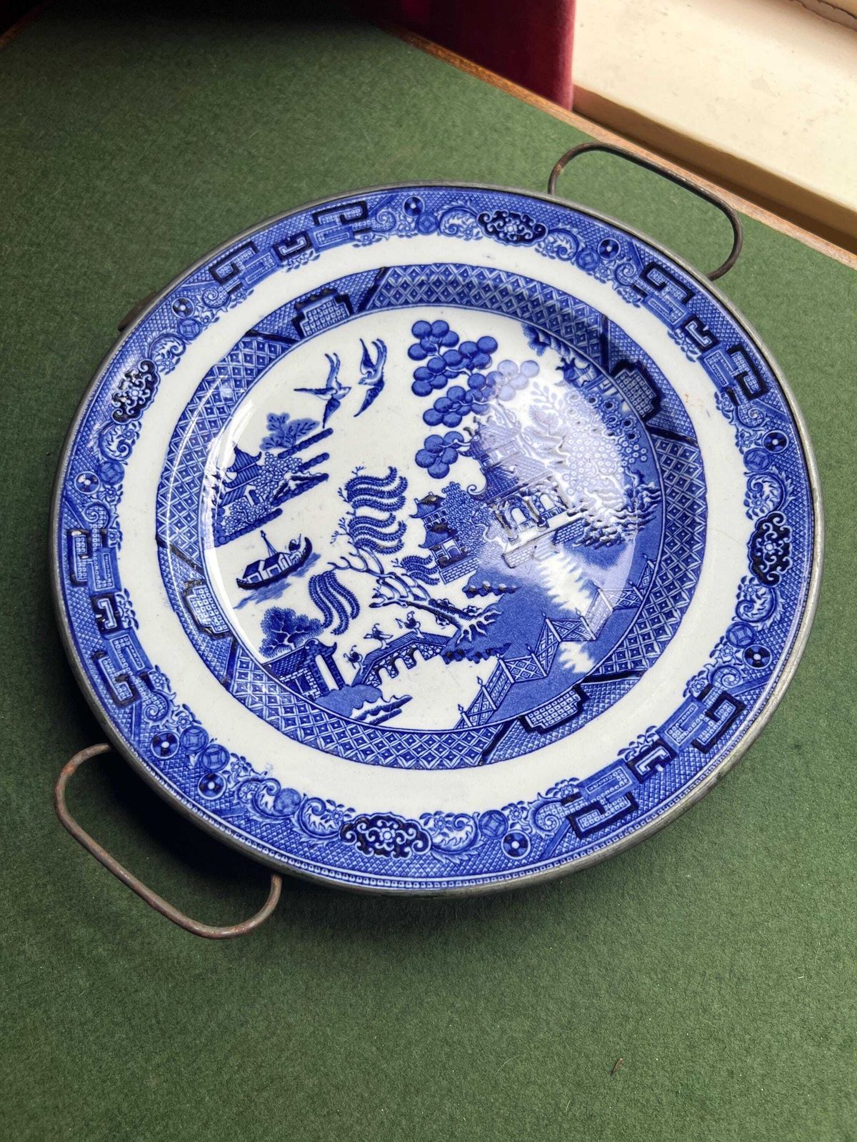 Vintage Antique Warming Plate Blue Willow Design Copper Backed Hollow Plate Collectible Rare Plate Stamped Copper Antique Collector Gift.