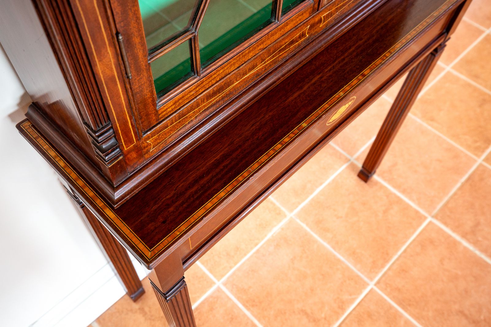 photo for sale Fine Antique Glazed Cabinet And Consol.E Tabl.E Matching Set Inlaid Mahogany Astragal Glass Edwardia.N Victoria.N Hallway Living Room
