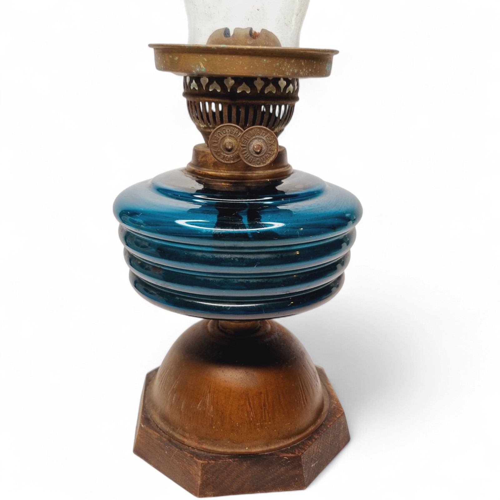 Antique Oil Lamp Blue Glass Brass And Wooden Base Duplex British Cross photo for sale