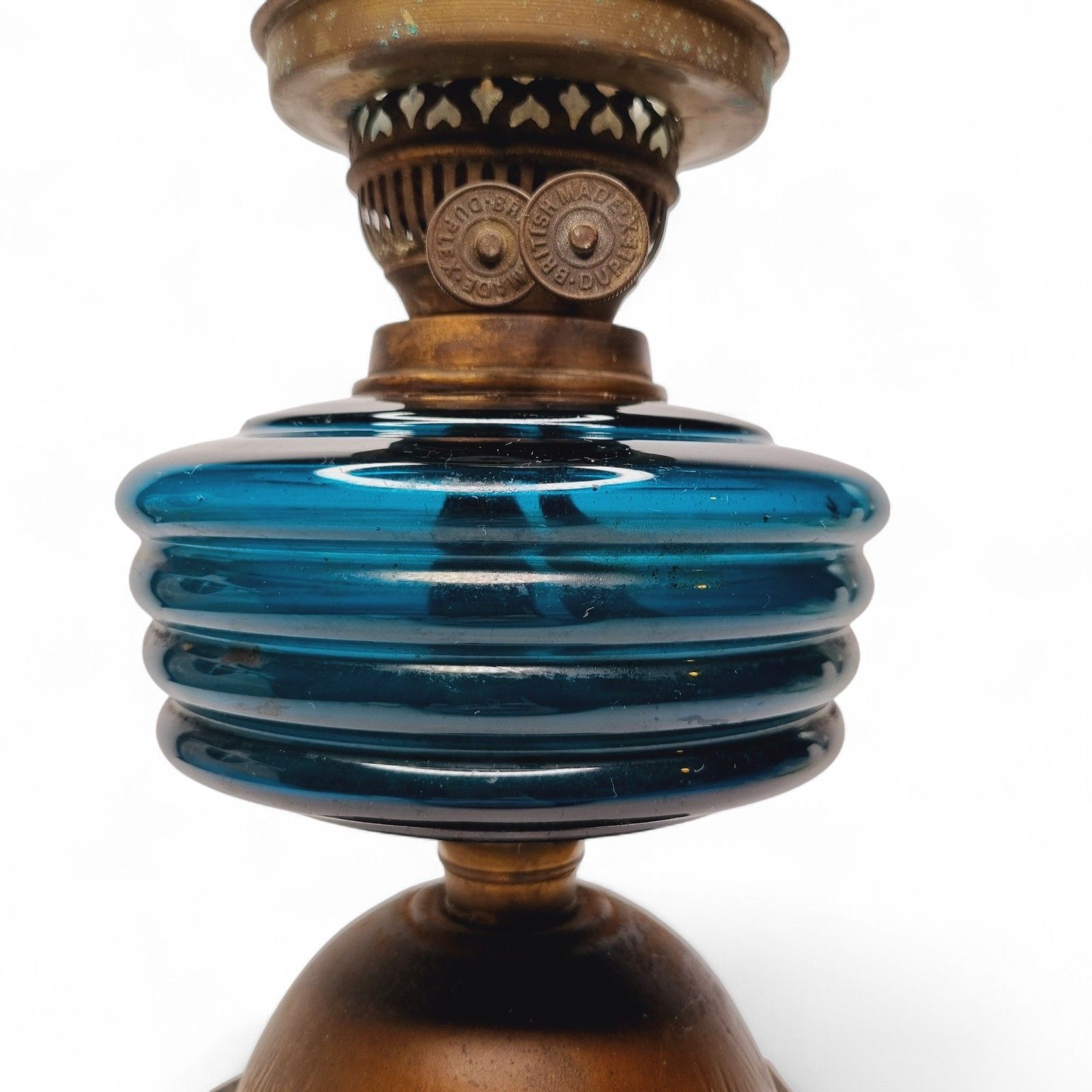 Antique Oil Lamp Blue Glass Brass And Wooden Base Duplex British Cross photo Lighting