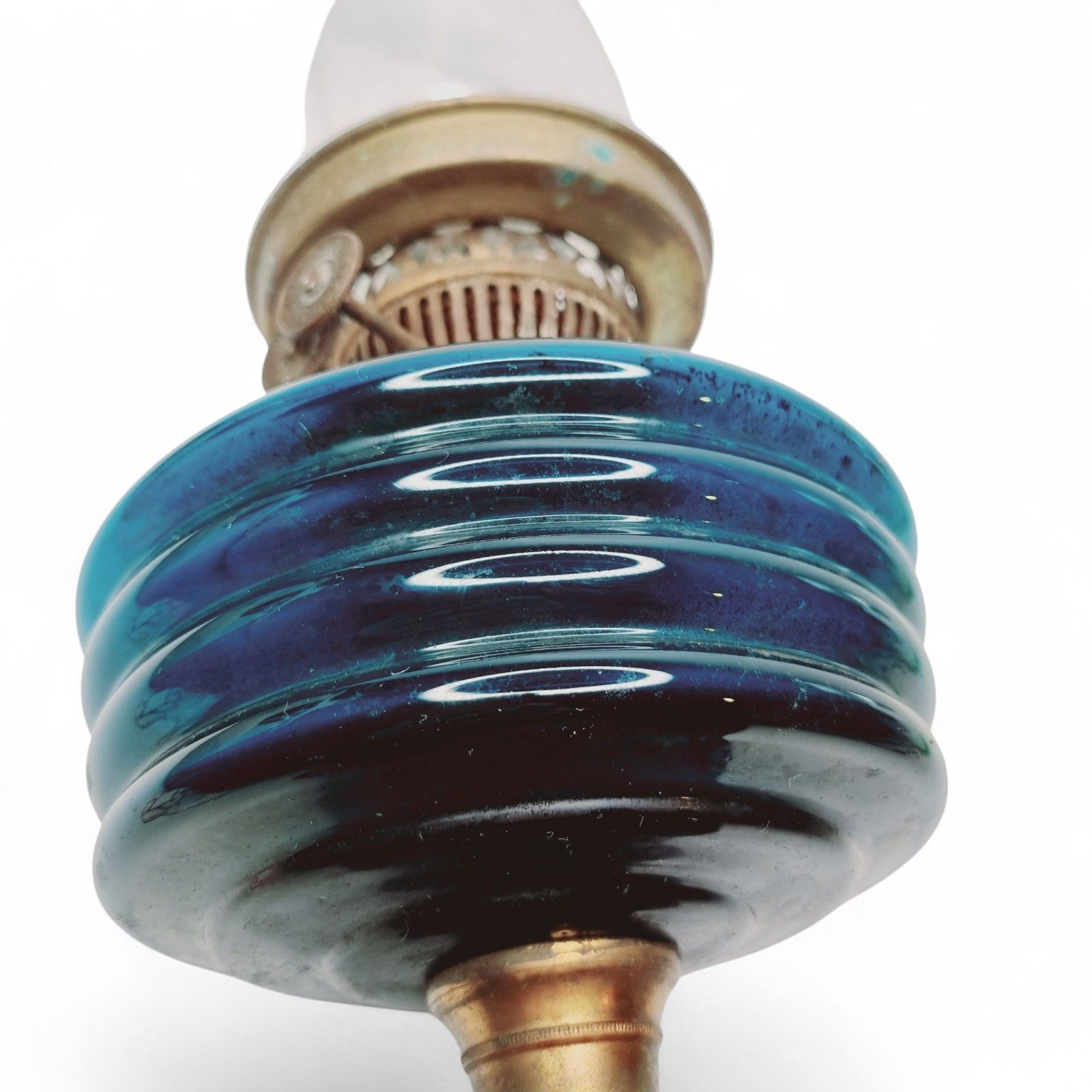 photo for sale Antique Oil Lamp Blue Glass Brass And Wooden Base Duplex British Cross