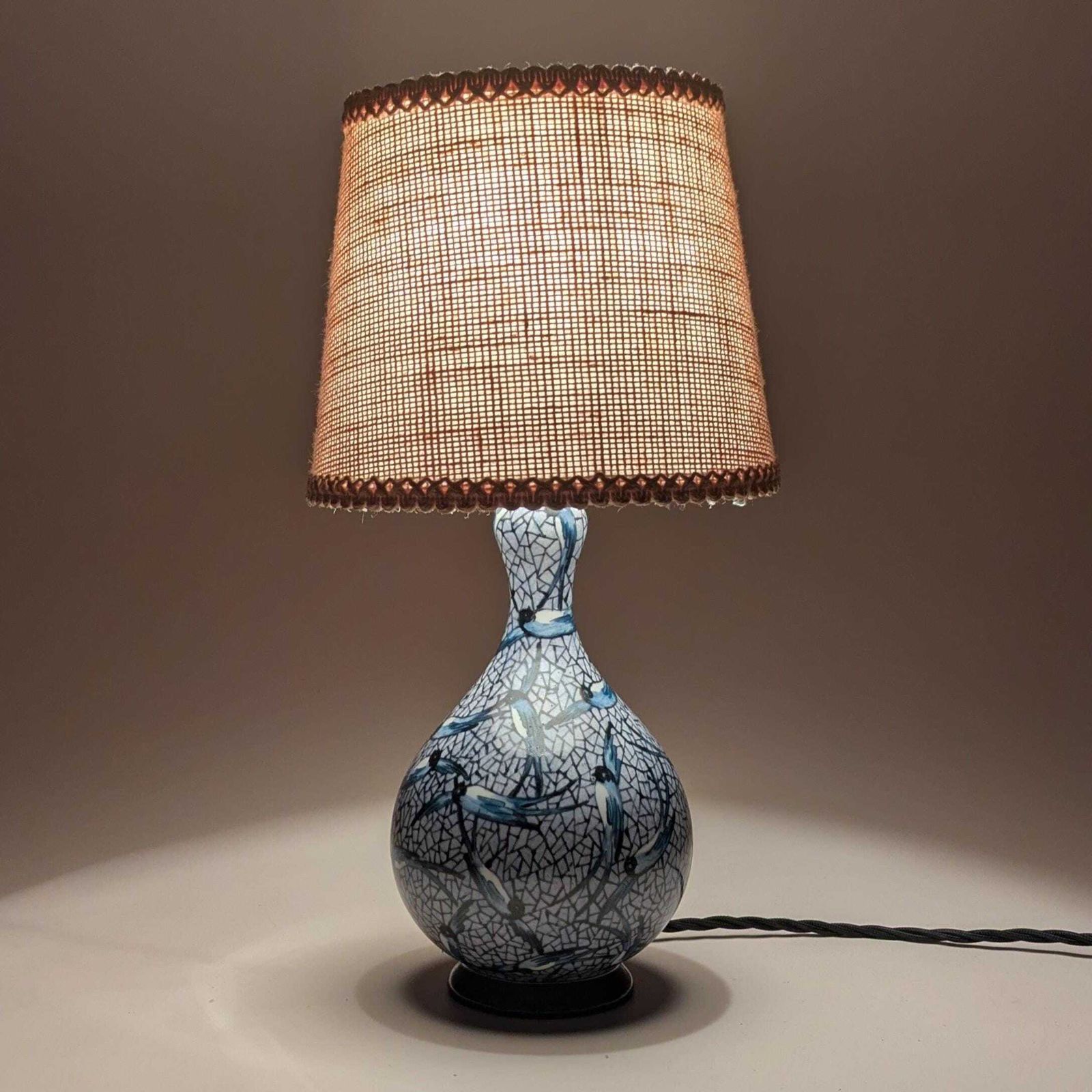French Art Deco Hand Painted Ceramic Gourd Lamp Abstract Swallow Bird Motif Home Decor Accent Lighting Collectible, Original Home Light photo for sale