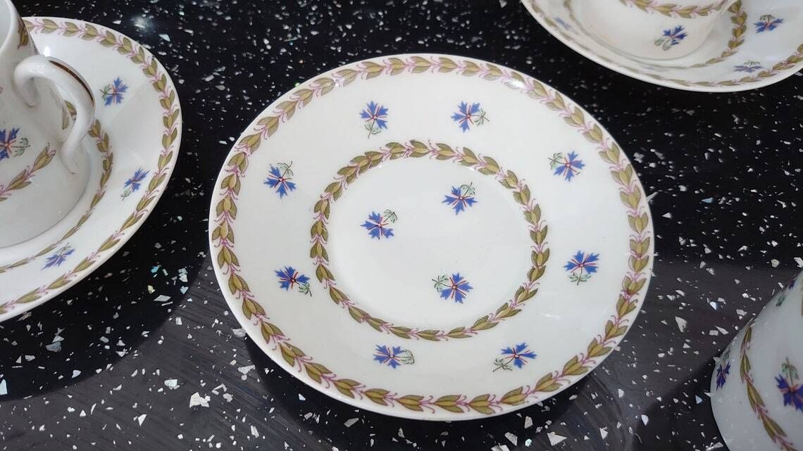 Vintage Austrian Ceramic Demitasse Tea Set   4 Cups And Saucers   Blue Floral Embellishments   Very Good Condition photo Home Decor