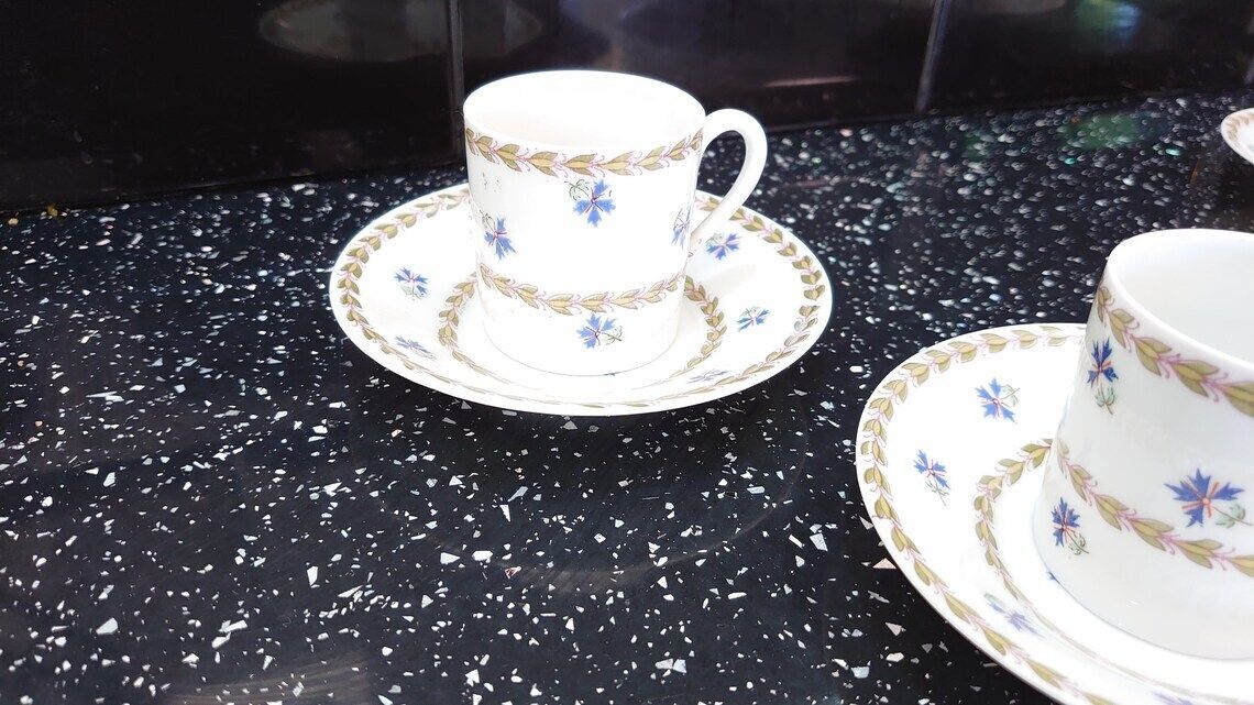 Vintage Austrian Ceramic Demitasse Tea Set   4 Cups And Saucers   Blue Floral Embellishments   Very Good Condition photo 57.0