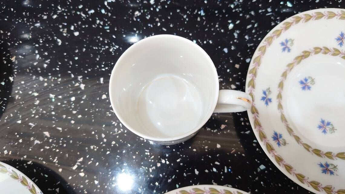 Vintage Austrian Ceramic Demitasse Tea Set   4 Cups And Saucers   Blue Floral Embellishments   Very Good Condition photo vintage