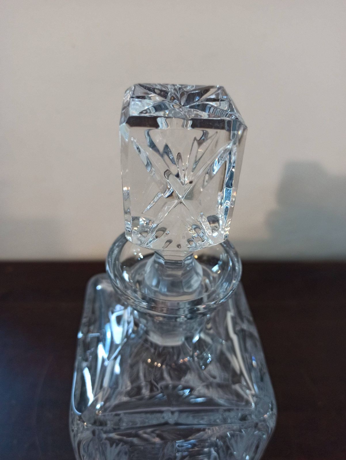 Vintage Square Shoulder Lead Crystal Decanter. Stopper Fits Perfectly. Pin Wheel Design. Very Good Condition. photo furniture