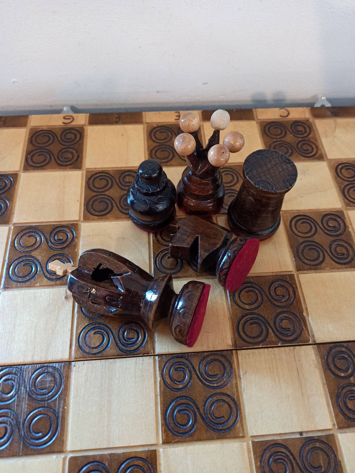 Vintage Wooden Chess Set With Board. Hand Carved. Very Good Condition. photo for sale