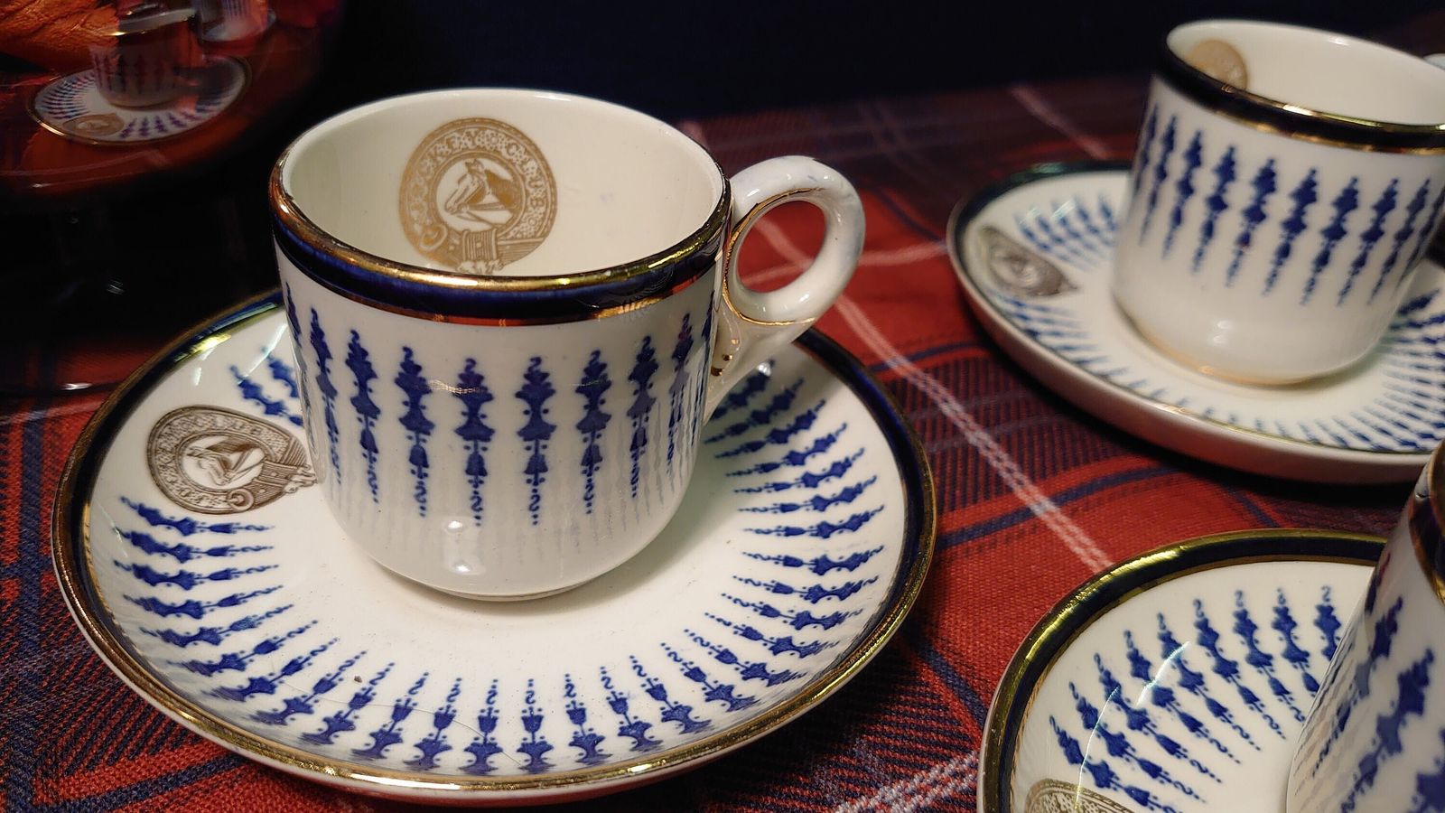 6 Mappin And Webb Demitasse Cups And Saucers   Blue, White And Gold   "The Jockey Club"   Very Good To Excellent Condition photo 191.0