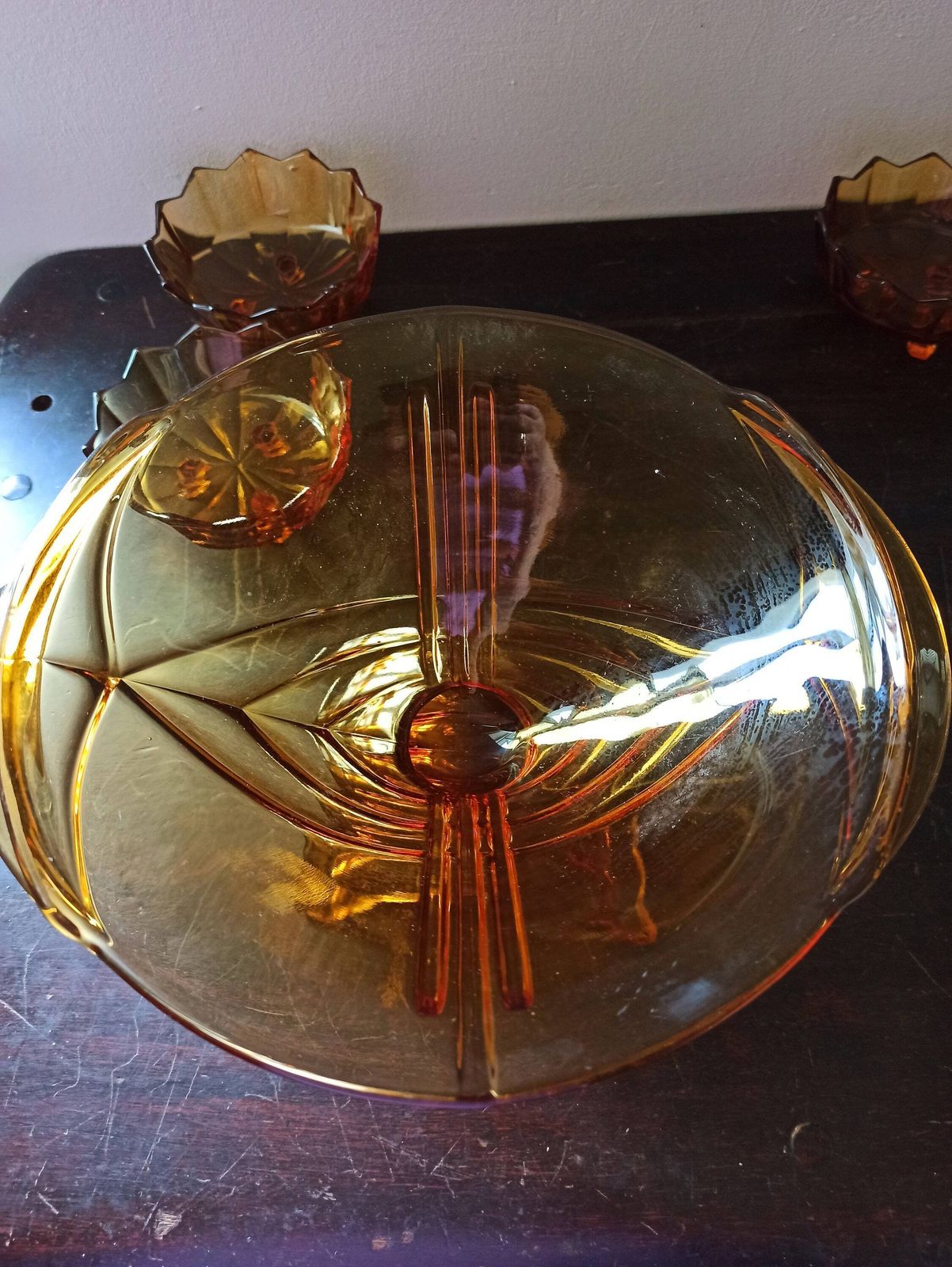 Vintage Amber Glass Serving Dessert Bowl And 6 Matching Glass Bowls. Excellent Condtion. photo 84.0
