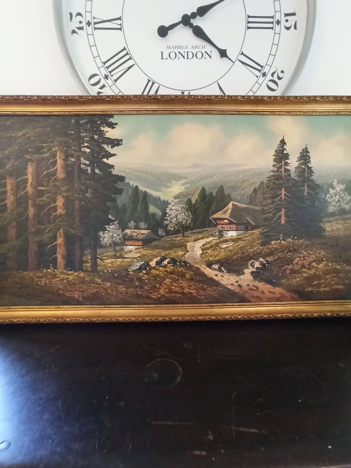 Vintage Alpine Mountains Countryside Scene   Framed Canvas Painting. Good Condition. Very Scenic. Very Large. 98cm X 58cm X 4cm. photo furniture
