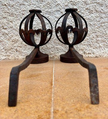 photo vintage Mid Century Modernist Spanish Wrought Iron Couple Andirons, 1950s, Set Of 2