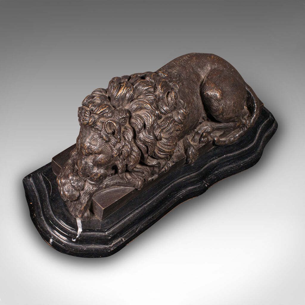 Vintage Recumbent Lion French Bronze Marble After Canova Mid 20th Century photo vinterior