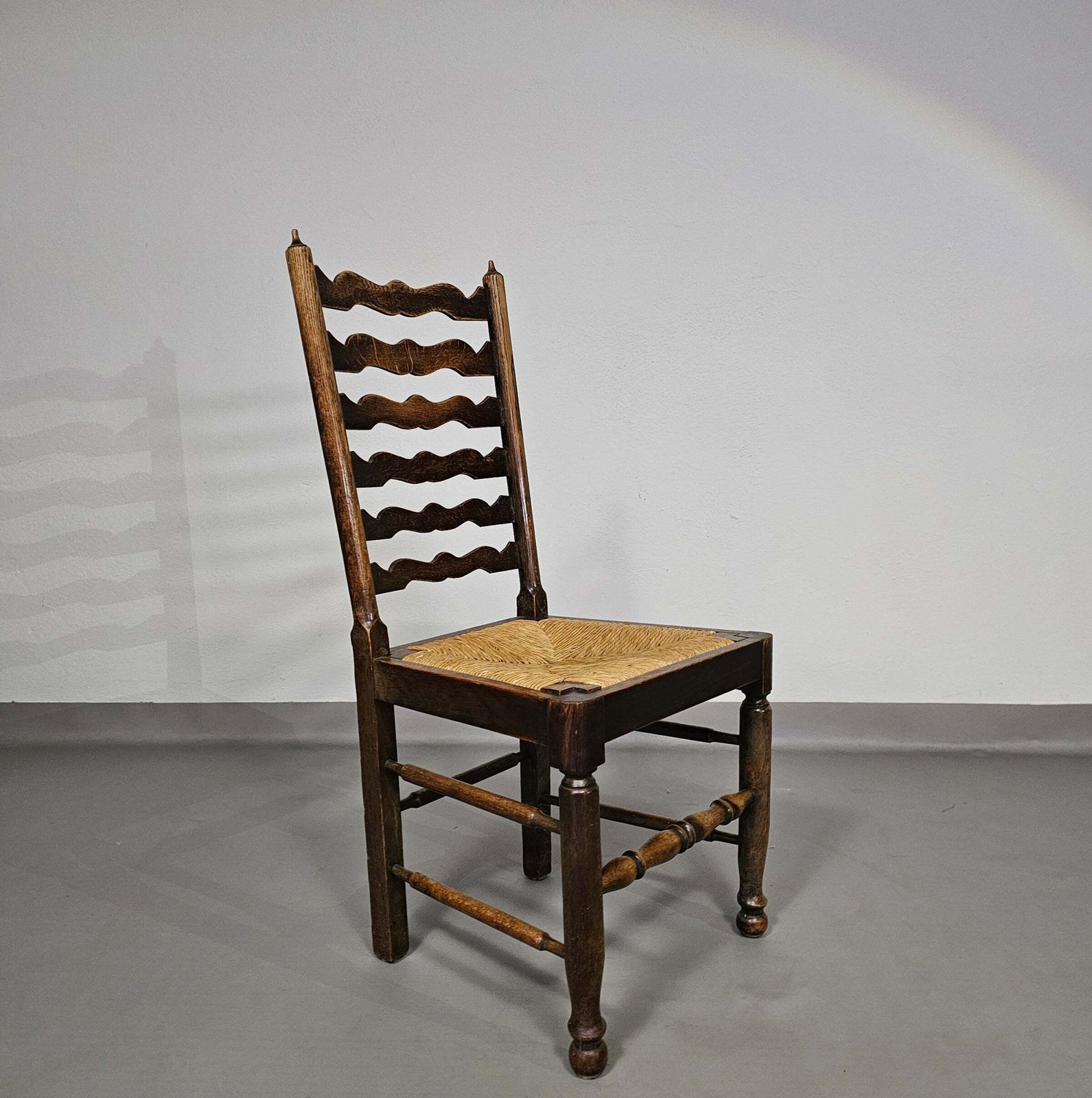 Set Of 4 Oak, Rustic, Farmhouse, Ladderback Dining Chairs With Rush Seats 1960s photo vinterior