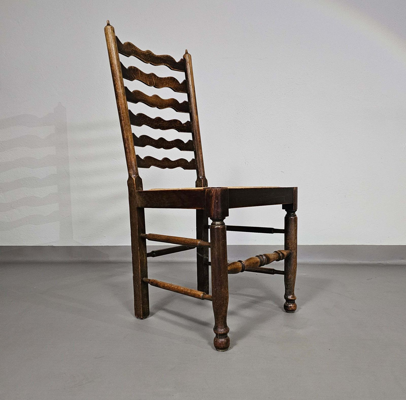 Set Of 4 Oak, Rustic, Farmhouse, Ladderback Dining Chairs With Rush Seats 1960s photo vintage