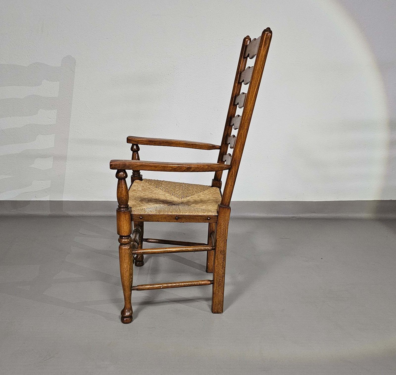 Set Of 4 Oak, Rustic, Farmhouse, Ladderback Dining Chairs With Rush Seats 1960s photo vinterior