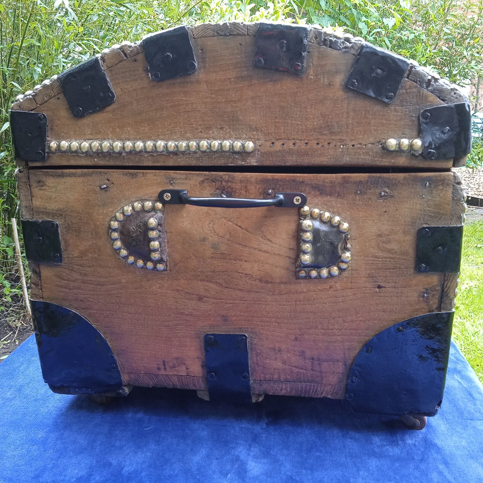 Antique Oak And Pine Metal Bound Brass Studded Dome Trunk. photo Furniture