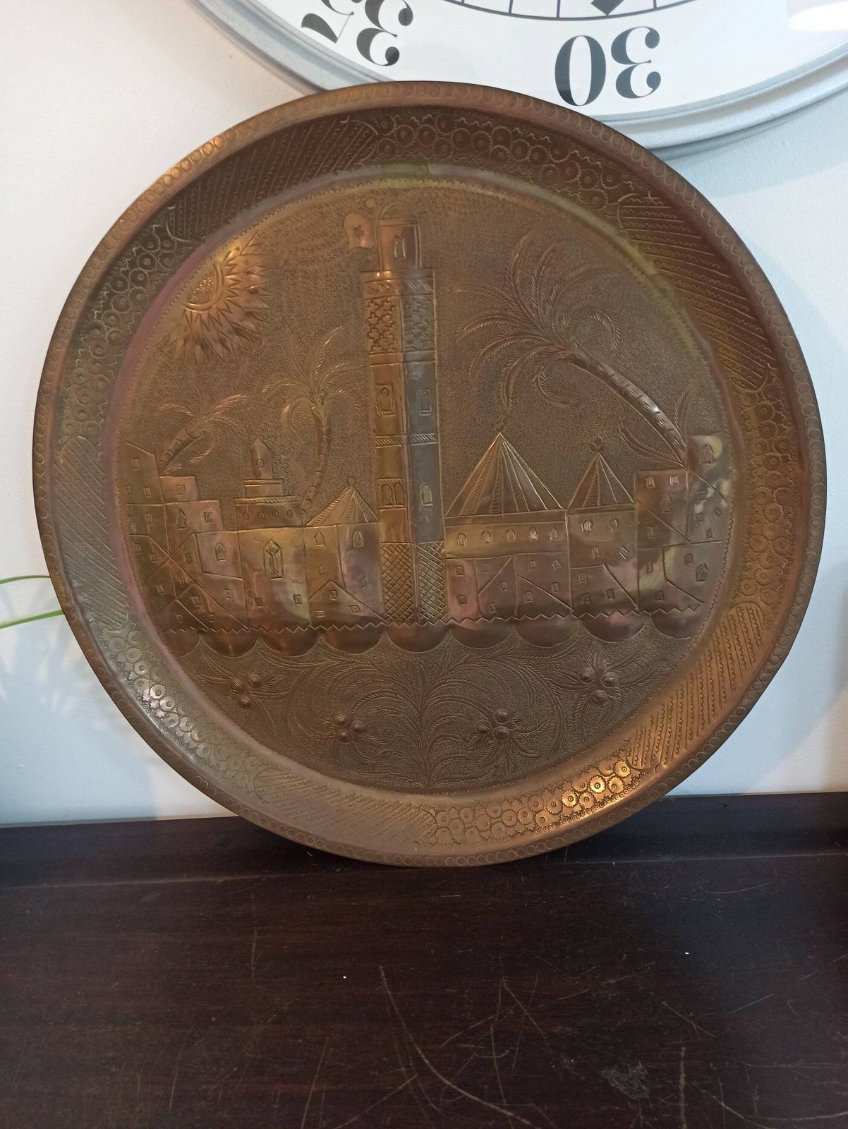 Antique Brass Egyptian Wall Plate. Very Good Condition. 49.5cm Diameter photo furniture