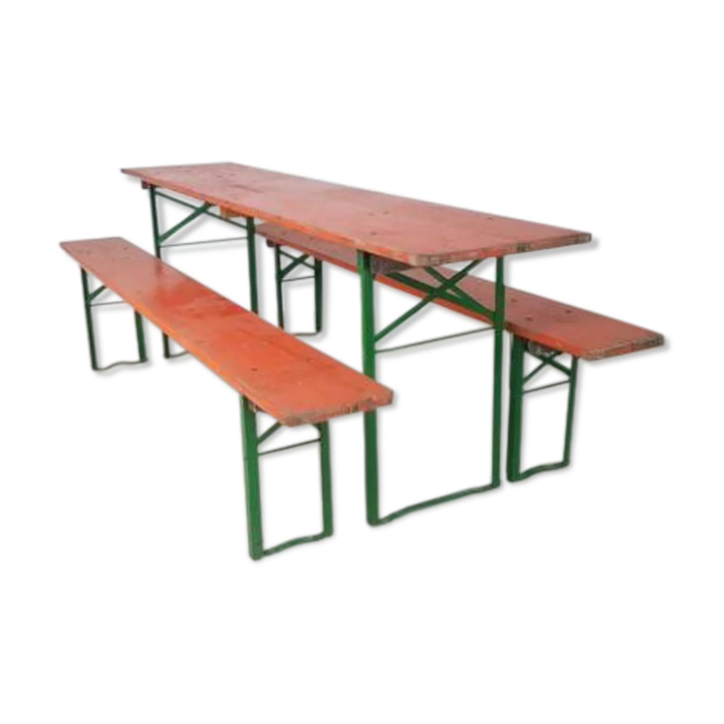 Vintage German Beer Table And Orange Benches