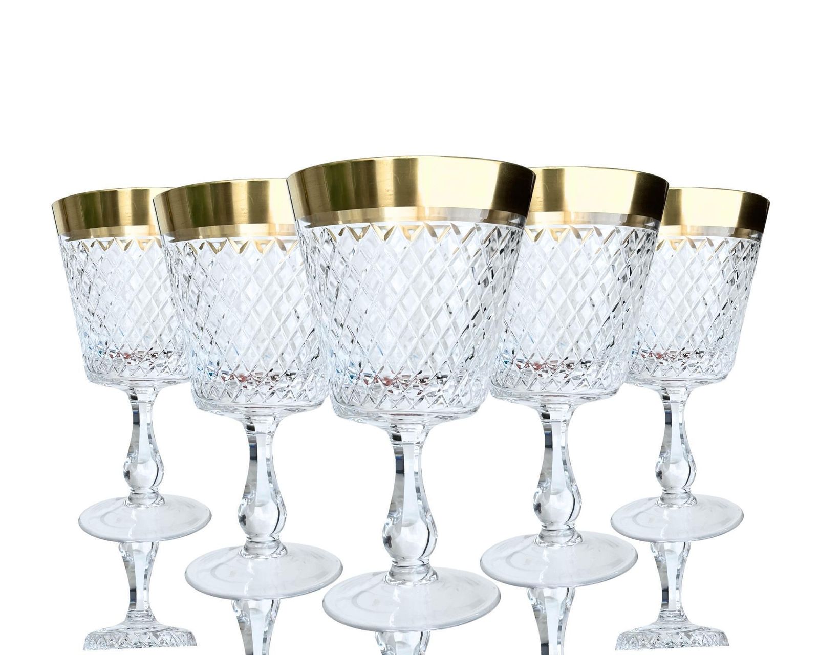 Crystal Wine Glasses | 6pcs | 24k Gold Rim | Diamond Cut | Rheinkristall | (1955–1964)