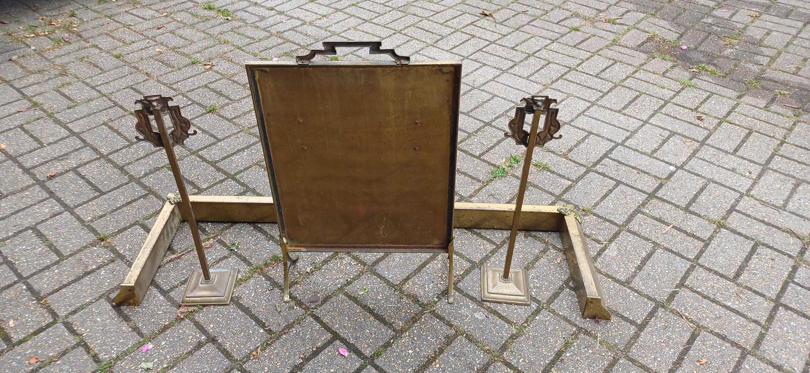 photo for sale Antique Brass Art Nouveau Fireplace Companion Set Fire Guard Fender And Tool Holders Vintage Hearth Accessories