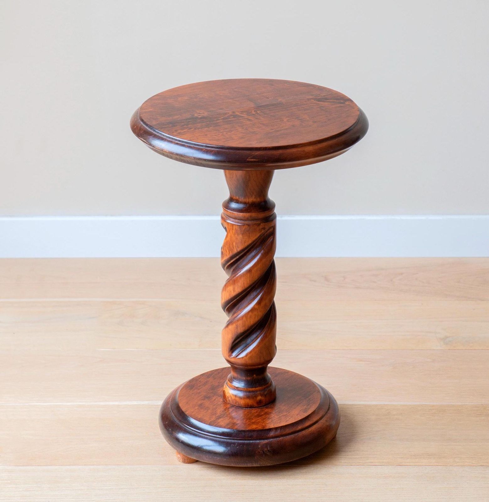 Oak Wooden Pedestal Table, Hand Carved Plant Stand, Round Barley Twist Table, Turned Foot, Dark Brown Coffee Table