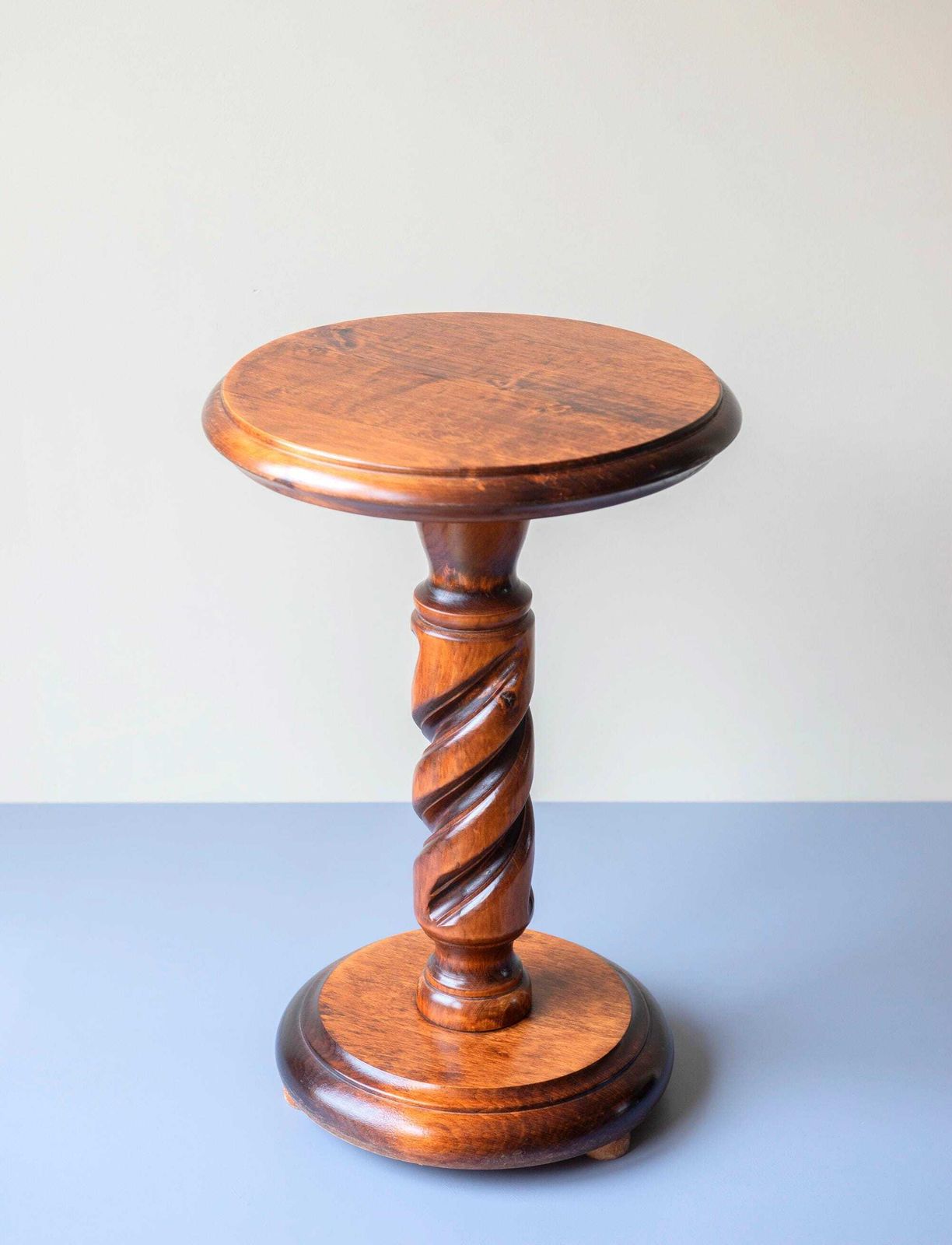 Oak Wooden Pedestal Table, Hand Carved Plant Stand, Round Barley Twist Table, Turned Foot, Dark Brown Coffee Table photo for sale