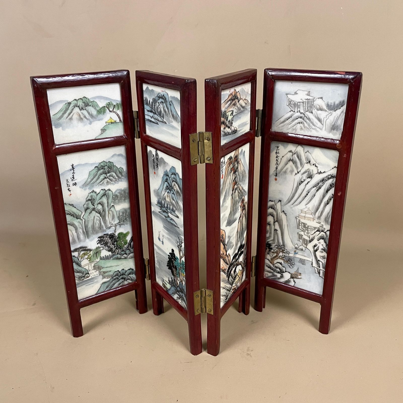 Antique Mini Table Top Oriental Chinese Wooden Divider Privacy Screen Vintage Folding Pattern Ceramic Tile Hand Painted Floral Landscape