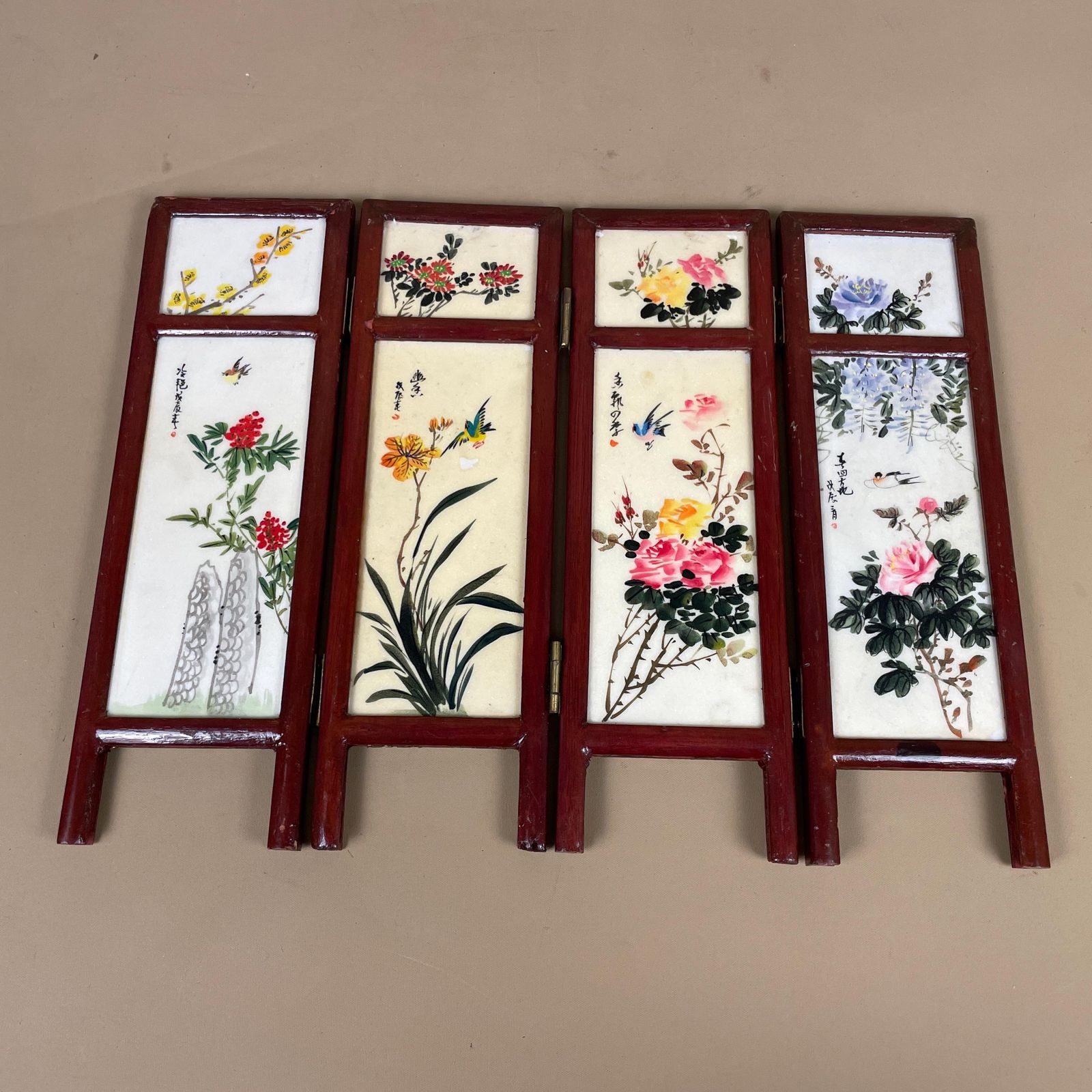 Antique Mini Table Top Oriental Chinese Wooden Divider Privacy Screen Vintage Folding Pattern Ceramic Tile Hand Painted Floral Landscape photo buy