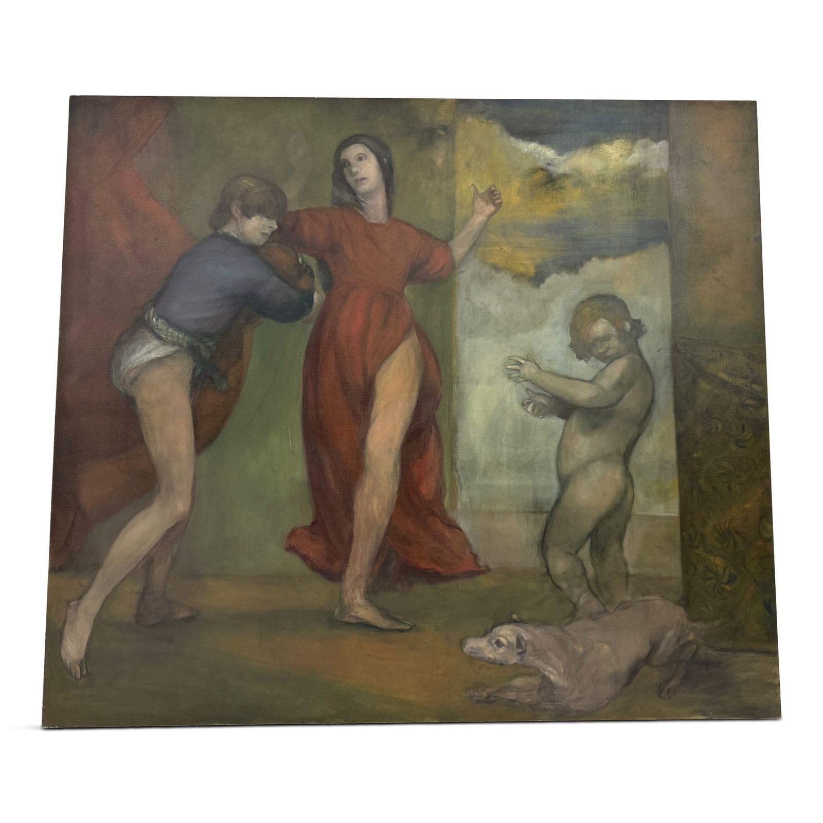 Large Oil On Canvas By Paul Storey, "Three Figures With A Dog"