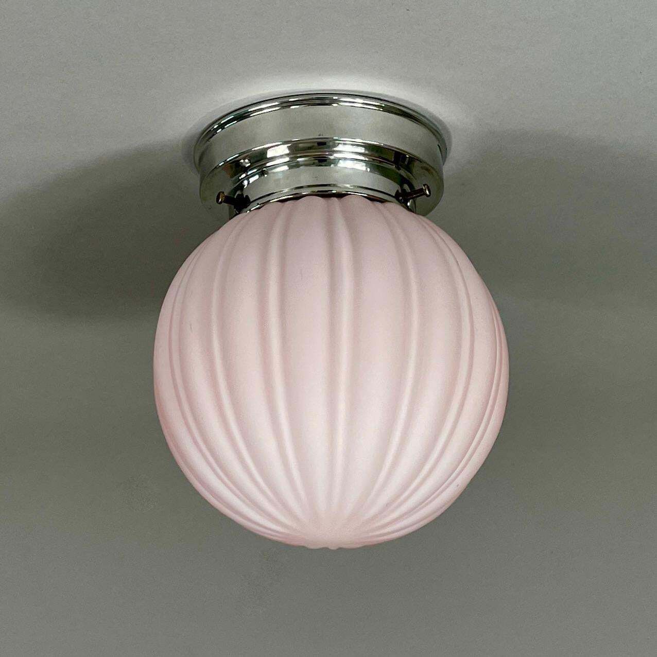 Art Deco Pale Pink Frosted Glass & Chrome Globe Flush Mount, Sweden 1940s photo furniture