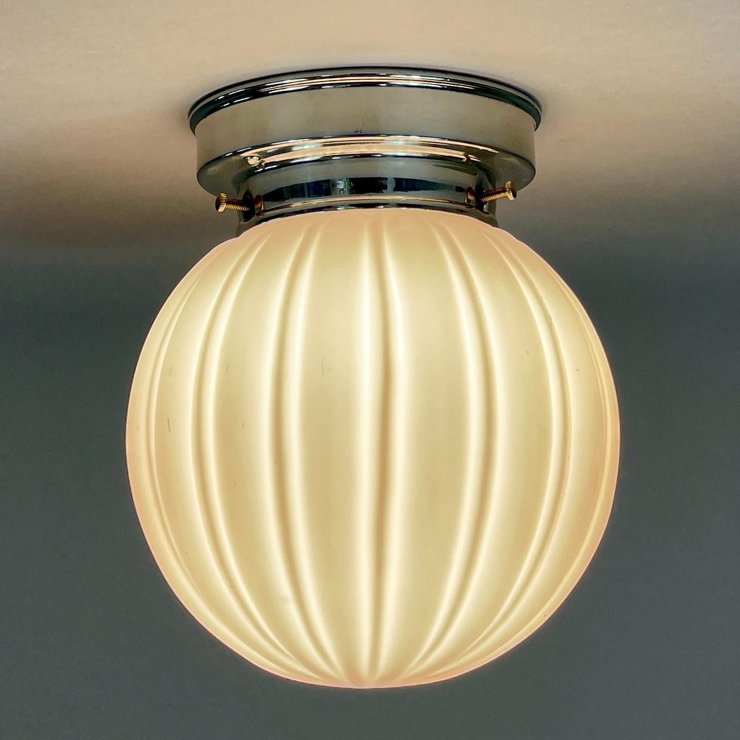 Lighting Art Deco Pale Pink Frosted Glass & Chrome Globe Flush Mount, Sweden 1940s photo
