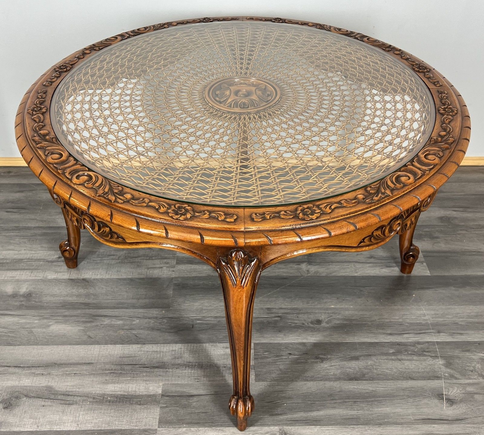 Coffee Table Round Vintage French Glass Top Ornate Cane Louis XIV Style Lot 3941