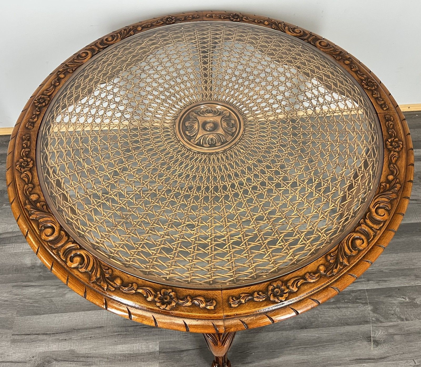 Coffee Table Round Vintage French Glass Top Ornate Cane Louis XIV Style Lot 3941 photo for sale