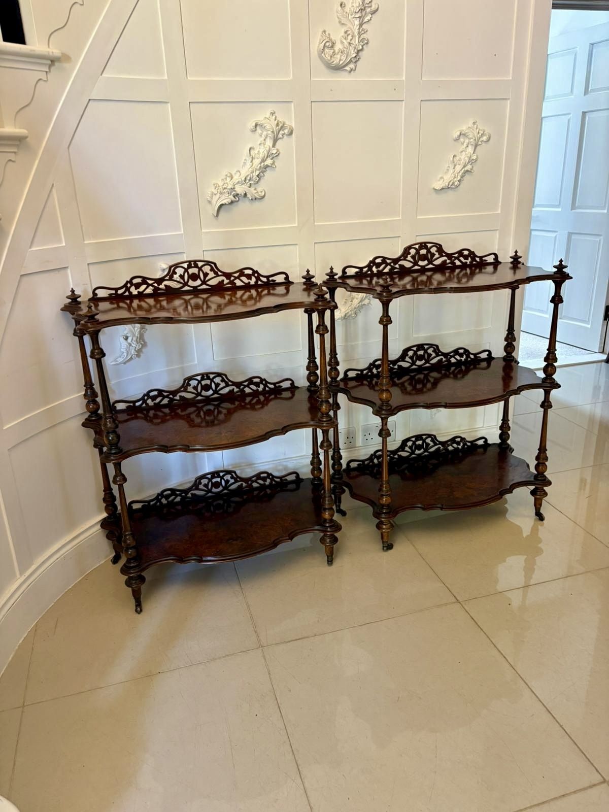 Unusual Pair Of Antique 19th Century Quality Burr Walnut Whatnots photo for sale